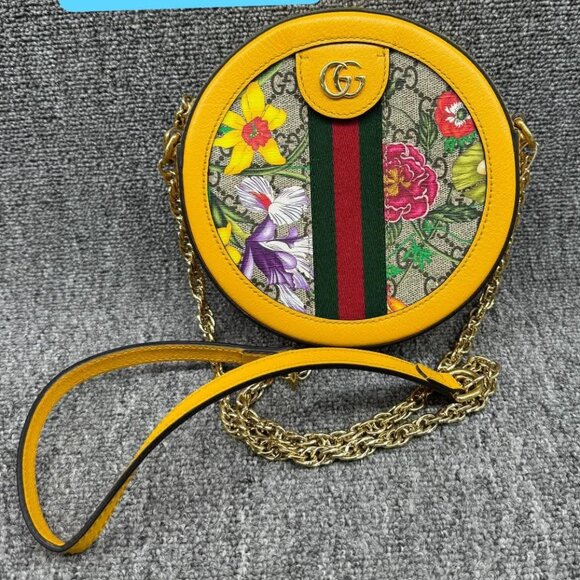GUCCI Ophidia Round Chain Yellow Multicolor Leather Shoulder Bag 550-080825 - Picture 2 of 12